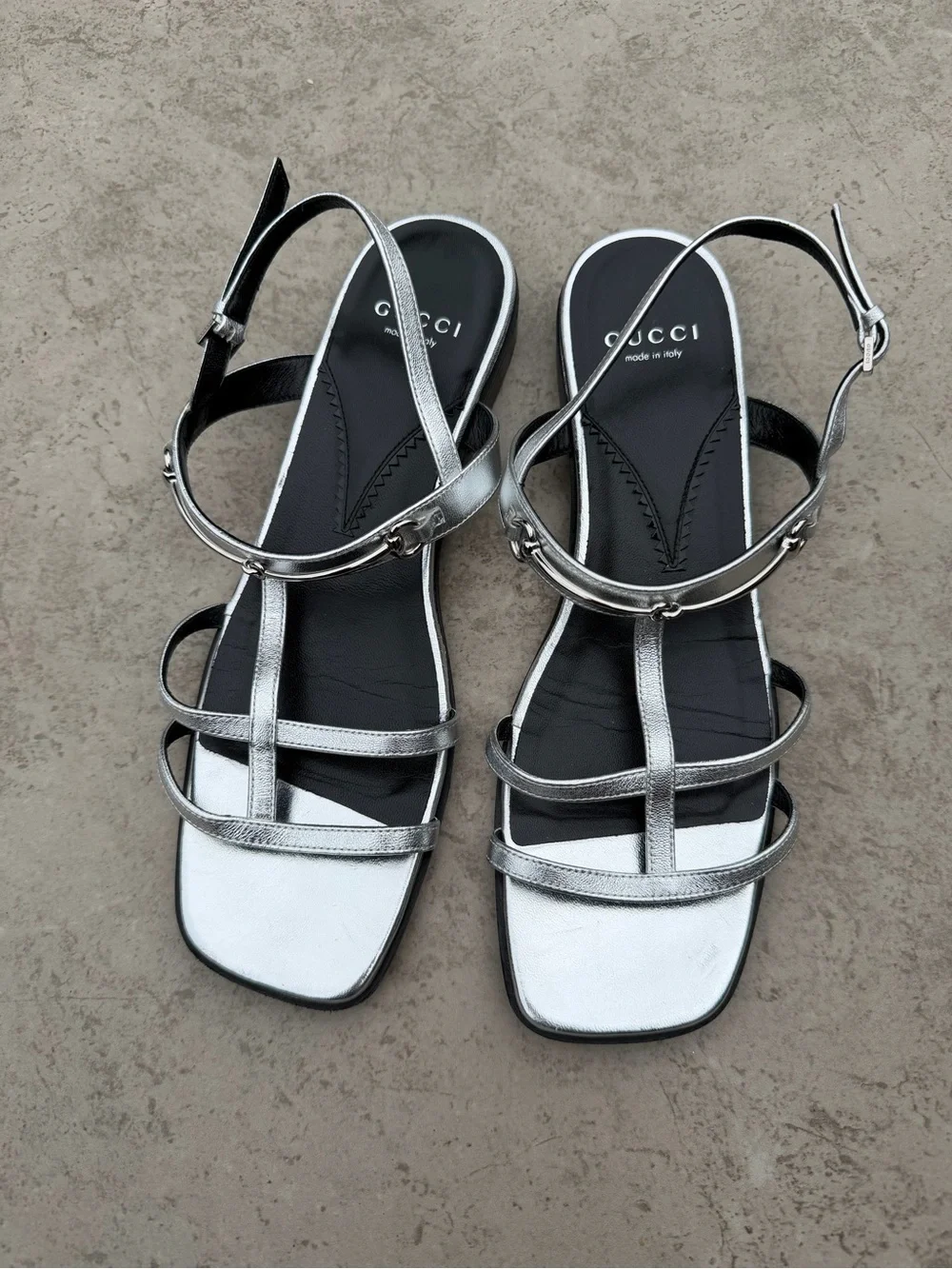 Gucci women’s Metallic Silver Multi-Strap Slingback Sandals